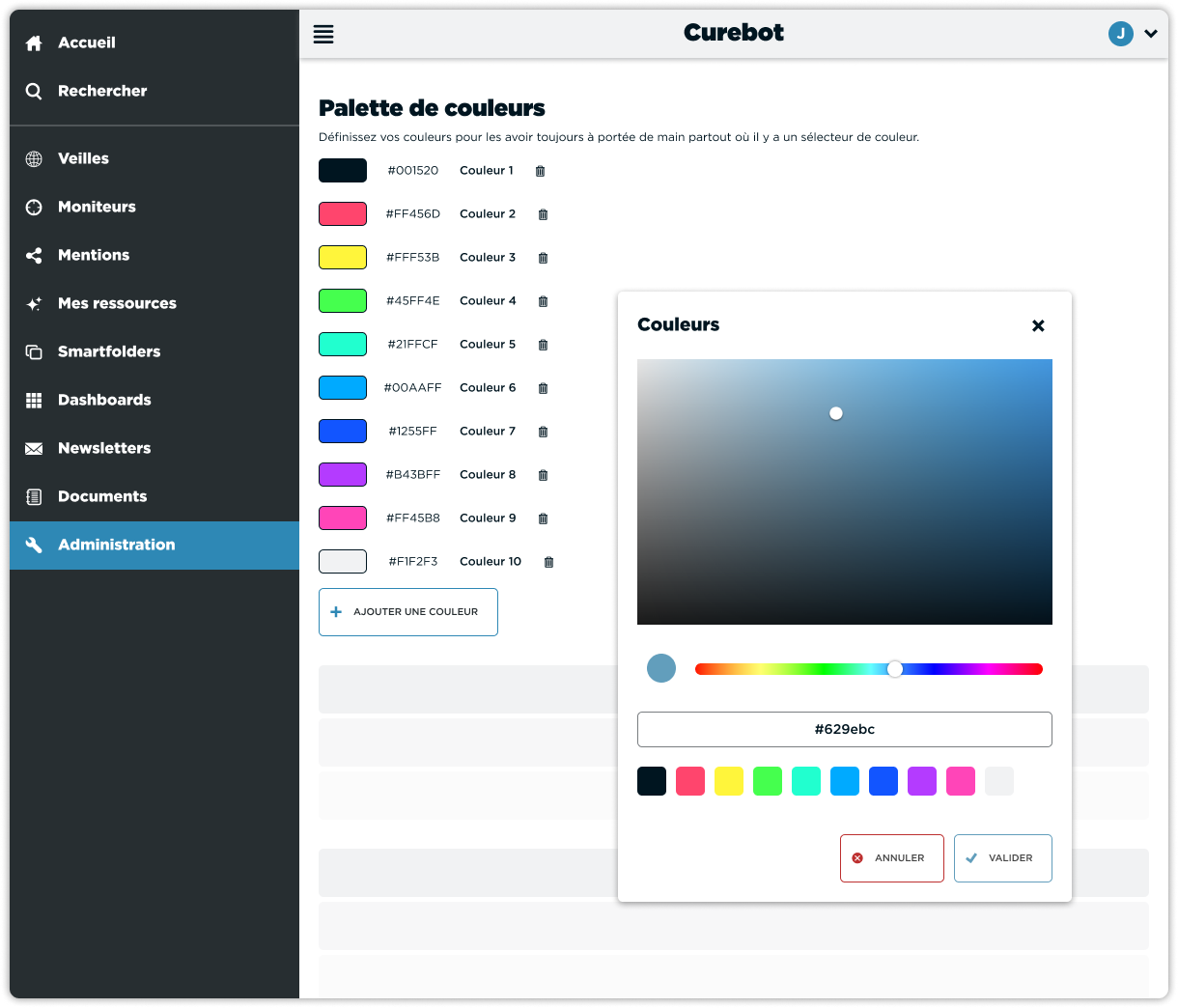 Interface d'administration de Curebot est sa sélection de couleurs personnalisables