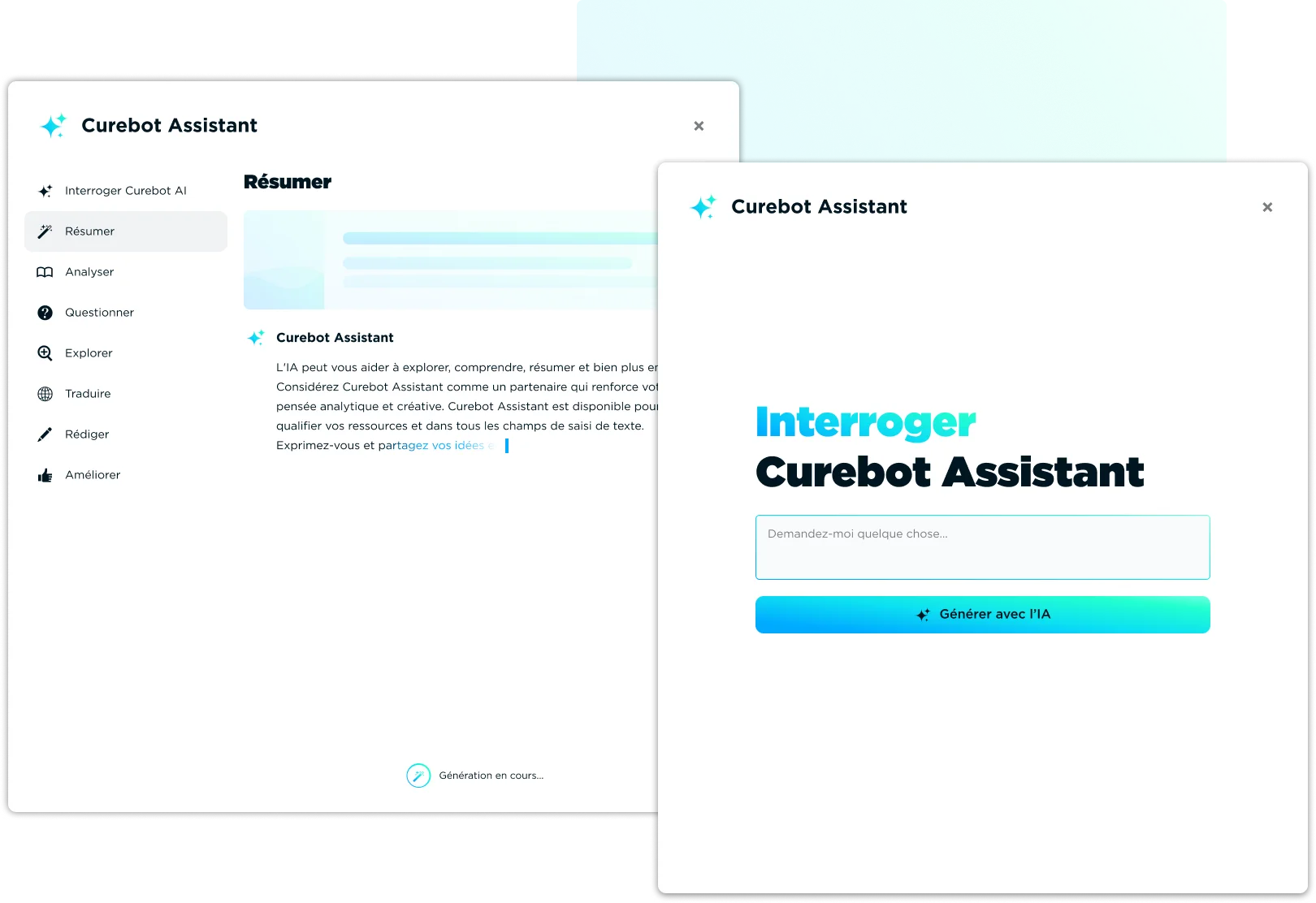 Interfaces de Curebot Assistant, l'intelligence artificielle générative dans un plateforme de veille